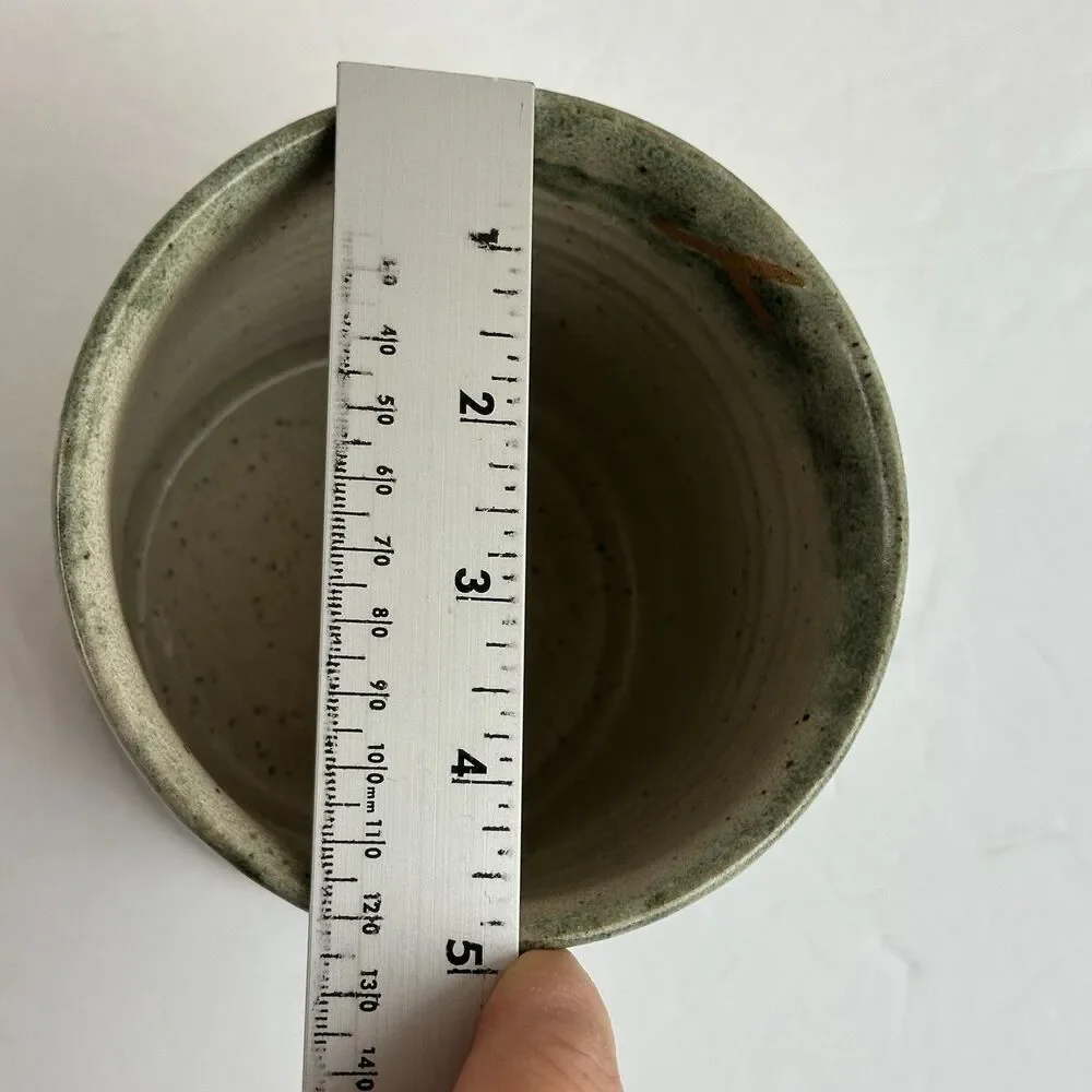 Artisan Utensil Holder Stoneware Art Pottery Crock Painted Tree Green Brown Boho